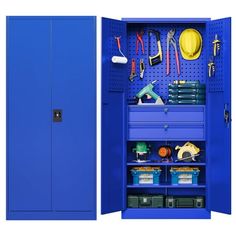 a blue storage cabinet with tools on it