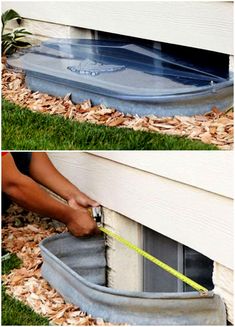 two pictures showing how to install an opening in the side of a house with tape