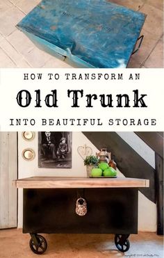 an old trunk is turned into a beautiful storage bench with wheels and casteors to hold fruit