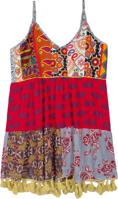 A lovely, bright and fun summer dress with multi-pattern print, sleeveless style and pom-poms! Just the refresher you need, this midi rayon dress has adjustable straps, a v-neck and printed Indian patterns all over. It has a smocking in the back, buckle in the strap and is lined at the bust. #tlb #Sleeveless #beachwrap #MidiDress #BabyDollDress Sleeveless Patchwork Dress For Festivals, Bohemian Sundress With Colorful Pattern, Multicolor Patchwork Sleeveless Sundress, Multicolor Mixed Print Sleeveless Dress, Multicolor Sleeveless Dress With Mixed Print, Multicolor Sleeveless Boho Print Sundress, Multicolor Boho Print Sleeveless Sundress, Multicolor Sleeveless Boho Dress, Multicolor Boho Print Sleeveless Dress