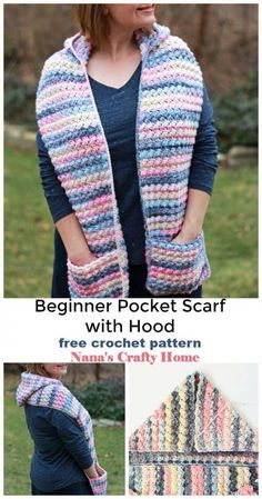 a woman wearing a crochet jacket with the text, beginner pocket scarf with hood