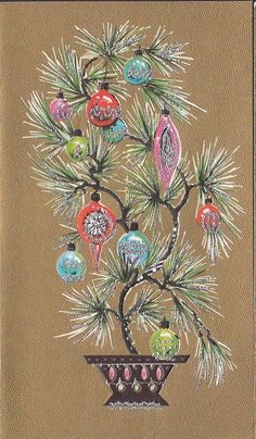 a painting of a pine tree with ornaments hanging from it's branches in a vase