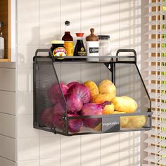 a metal shelf filled with lots of food on top of a tiled wall next to a window