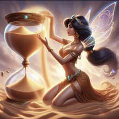 a beautiful woman sitting next to an hourglass