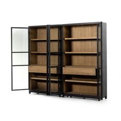 an open bookcase with wooden shelves and glass doors on the front, against a white background