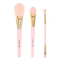 Too Faced 3-piece Makeup Brush Set   What It Is  Round out your makeup routine with this set of three soft-bristled brushes for foundation, powder and eyeshadow. Each brush provides buildable coverage so you can create the perfect base and your favorite eye looks.   What You Get        Dual-ended eyeshadow brush     Foundation brush     Powder brush Brushes For Foundation, Eye Looks, Eyeshadow Brush, Foundation Powder, Too Faced Makeup, Face Brush, Foundation Brush, Eyeshadow Brushes, Makeup Brush Set