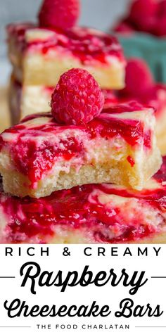 raspberry cheesecake bars are stacked on top of each other