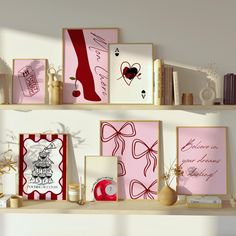 there are many cards on the shelves in this room, including one with a heart