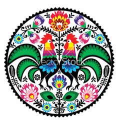 an image of colorful roosters in the center of a circle with flowers and leaves on it