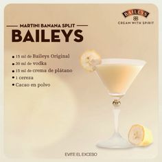 an advertisement for bailey's with a martini glass and sliced banana on the side