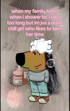 a cartoon dog with long hair standing in front of a shower