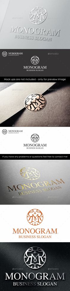 four different types of business cards with the words monogramm on them in gold, silver and black