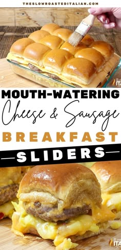 two pictures with the words mouthwatering cheese and sausage breakfast sliders on them