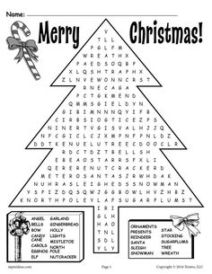 a christmas tree with words and pictures on it, as well as the word merry