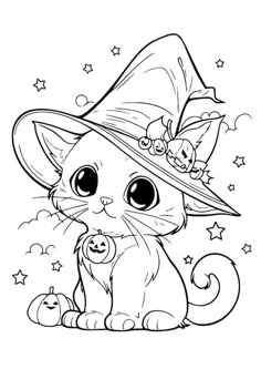 a cartoon cat wearing a witches hat with stars and pumpkins on it's head