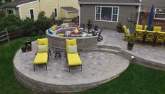 an outdoor patio with seating and fire pit