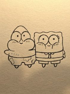 a drawing of two cartoon characters sitting next to each other on a piece of paper