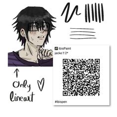 an anime character with black hair and glasses, next to a qr - code