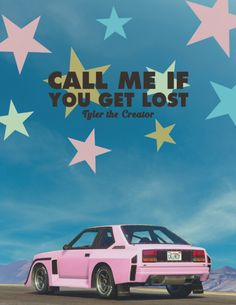 a pink car parked on the side of a road with stars in the sky above it