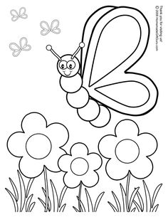 a butterfly flying over some flowers with butterflies in the sky behind it, coloring pages for kids