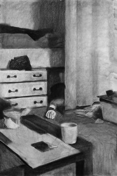 a black and white drawing of a living room with drawers, coffee table, dresser and chair