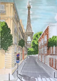 a drawing of the eiffel tower in paris, france with buildings on either side