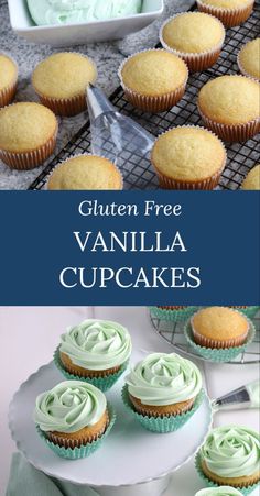 top: gluten free vanilla cupcakes fresh out of the oven and cooling on a wire rack next to an icing piper and a small white bowl full of green icing; bottom: gluten free vanilla cupcakes with green icing on a large white cake stand