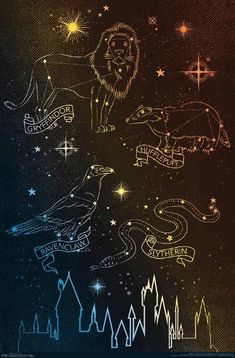 the zodiac signs are drawn in chalk on a blackboard with stars and buildings around them