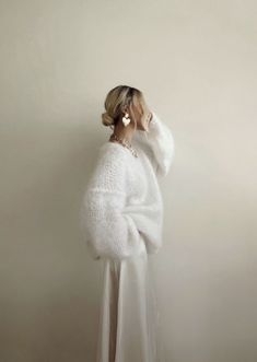 Elegant Knit Sweater With Soft Texture, Elegant Oversized White Sweater, Cozy Mohair Sweater In Winter White, Cozy Winter White Mohair Sweater, Oversized White Soft Sweater, Elegant Mohair Crew Neck Sweater, Winter Wedding Mohair Sweater, Elegant Mohair Winter Sweater, White Mohair Chunky Knit Sweater