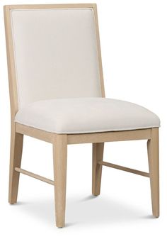 a wooden chair with a white upholstered seat and back cushion on an isolated white background