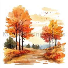 watercolor painting of an autumn landscape with trees and a dirt road in the foreground