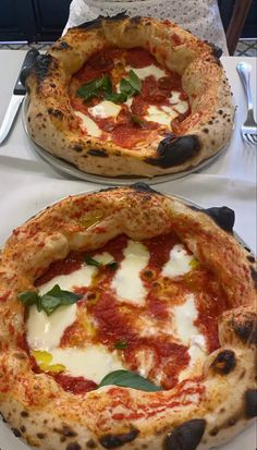 two pizzas sitting on top of white plates covered in sauce and cheese, next to each other