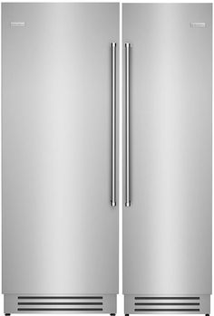 two stainless steel refrigerators side by side, one is double doors and the other has no freezer