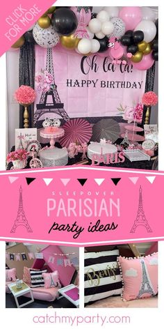 a pink and black paris birthday party with balloons