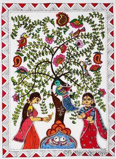 two women are standing under a tree with birds and flowers on it's branches