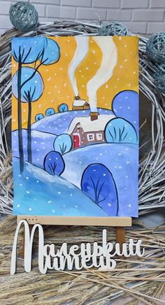 an acrylic painting of a house in the snow