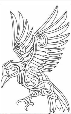 a drawing of a bird with swirls on it's wings and the tail