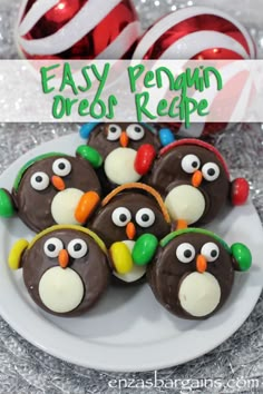 easy penguin oreo recipe on a plate with christmas ornaments in the background and text overlay