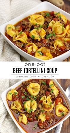 one pot beef tortellini soup in a white bowl