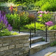 an outdoor garden with stone steps and flowers