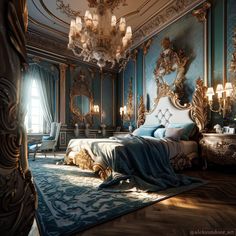 an ornate bedroom with blue walls and gold furniture, chandelier and bedding