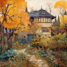 a painting of a house surrounded by trees and flowers in the foreground is a path leading to it