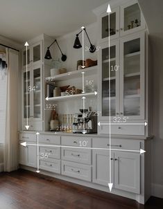 a kitchen with lots of white cabinets and numbers on the front, side, and back