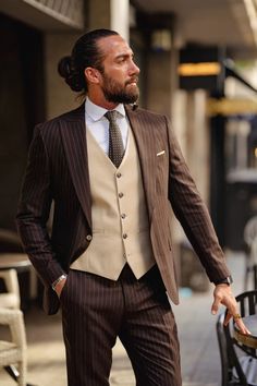 Patterned Suit, Brown Combination, Mens Wedding Attire, Brown Pinstripe, Dress Suits For Men, Vest Waistcoat, Brown Suits, Men Suit, Shirt Tie