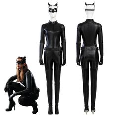 the catwoman cosplay costume is shown next to a woman in black catsuits