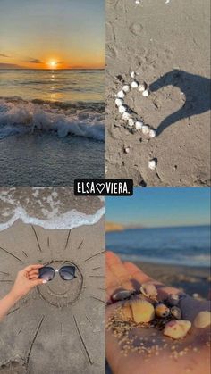 the beach is filled with shells and people are holding their hands out in the sand