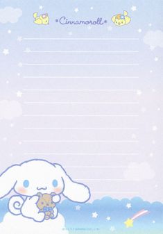 a cute bunny holding a teddy bear on top of a blue and white background with stars