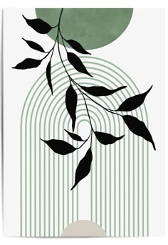 a green and white poster with leaves hanging from it's side, in front of an abstract background