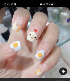 Nail Egg Design, Fried Egg Nail Art, ម៉ូតក្រចក Cute, Funky Nails Ideas Simple, Cute Animal Nail Designs, Fried Egg Nails, Mango Nails Design, Kawaii Nails Simple, Egg Nails Design