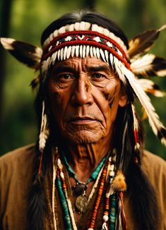 an old native american man with feathers on his head